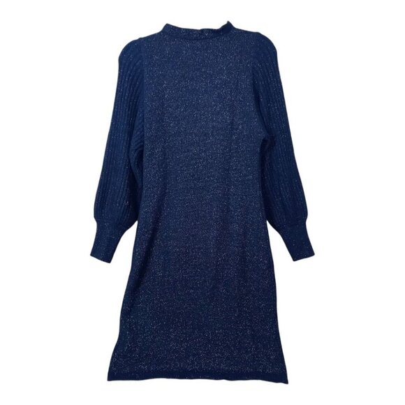 Nanette Lepore Women's Size M Blue Metallic Sweater Dress Balloon Sleeves Mock - Picture 2 of 9